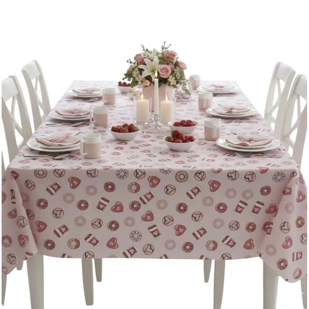 Huntington Home Vinyl Tablecloth 60x84 Pink Hearts Coffee Donuts Valentines Day